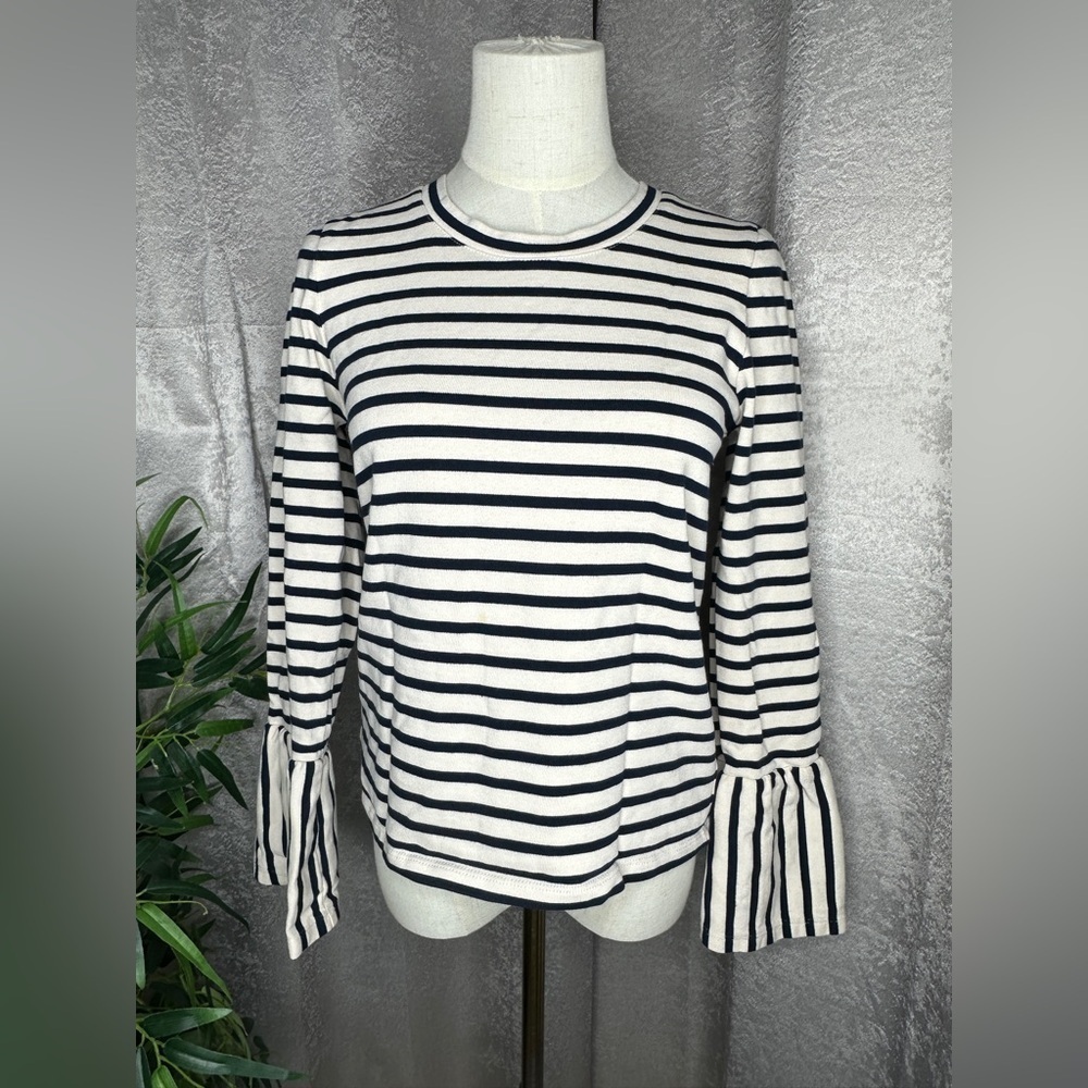 Madewell Crewneck Stripe Print Bell Sleeve Top Black & Cream Sz S